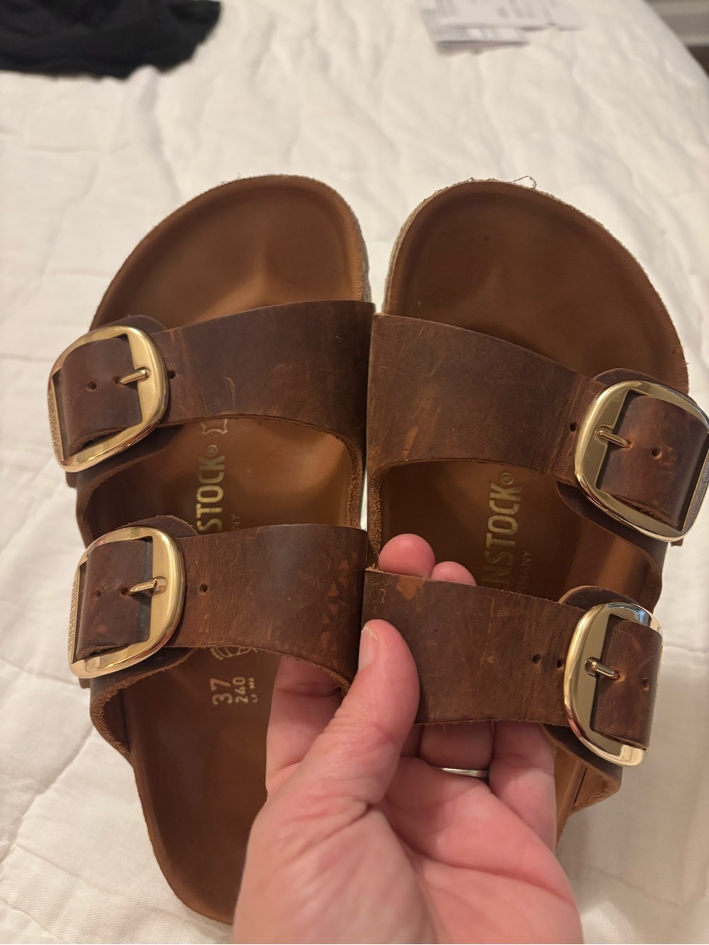 Birkenstock Brown Leather Double Buckle Sandals with Gold Buckles - Picture 2 of 6